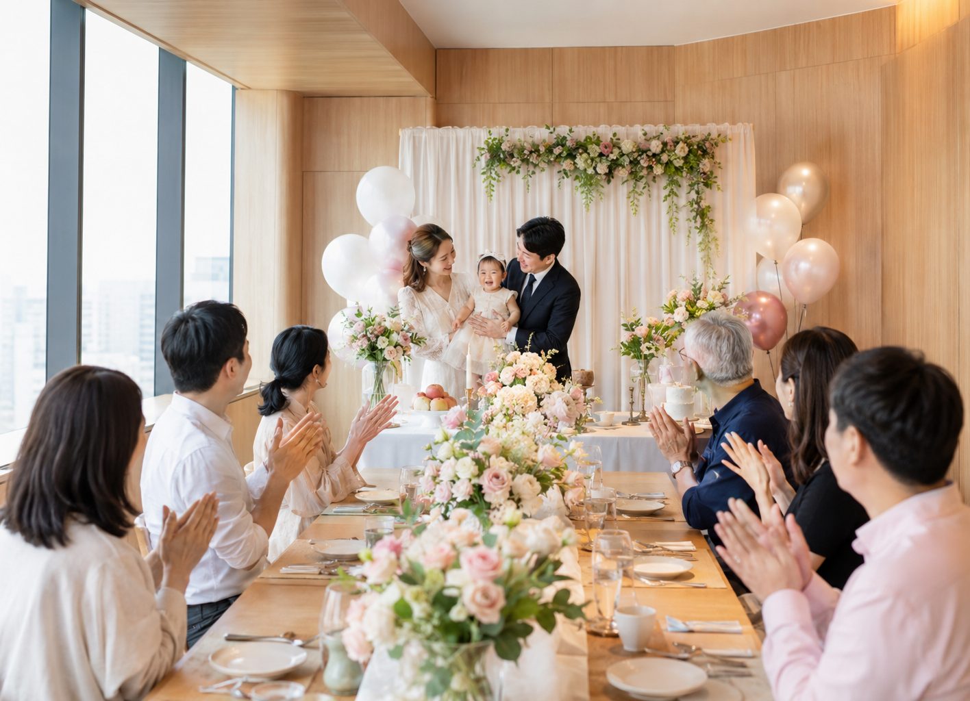 양가 가족이 둘러앉아 아기를 축하하는 소규모 돌잔치