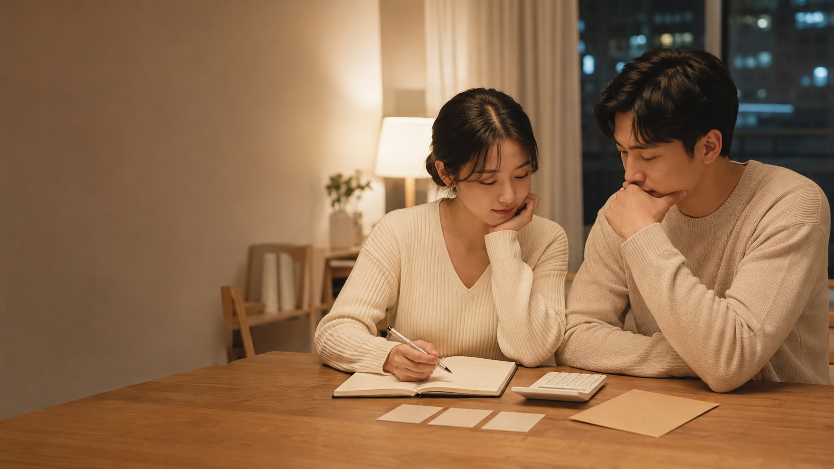 돌잔치 예산을 함께 정리하는 부부의 식탁