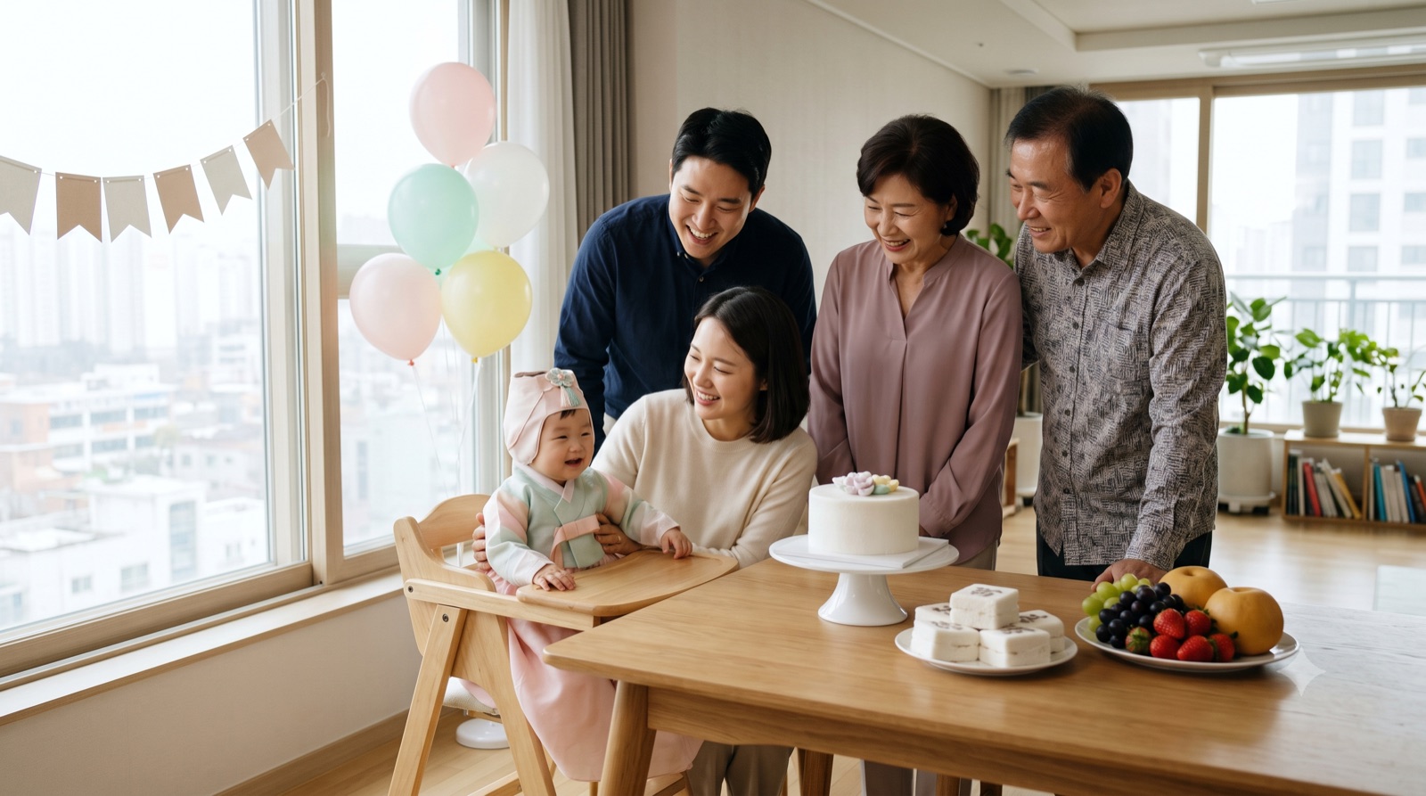 거실 식탁에 차린 셀프 돌상 앞에서 한복 입은 아기를 안고 모인 가족