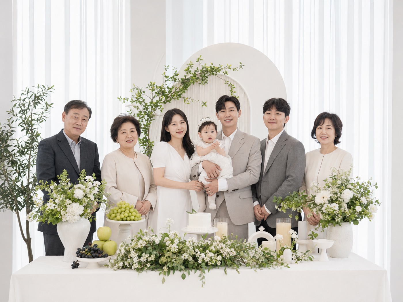 아이보리·베이지 톤으로 옷을 맞춘 돌잔치 가족사진