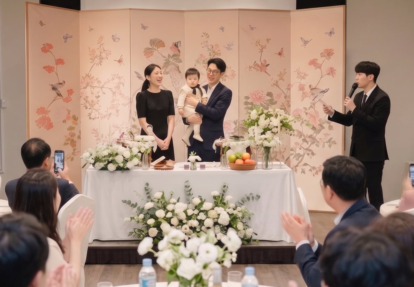 돌상 앞에서 아기를 안은 부모와 마이크를 든 사회자, 박수 치는 하객들