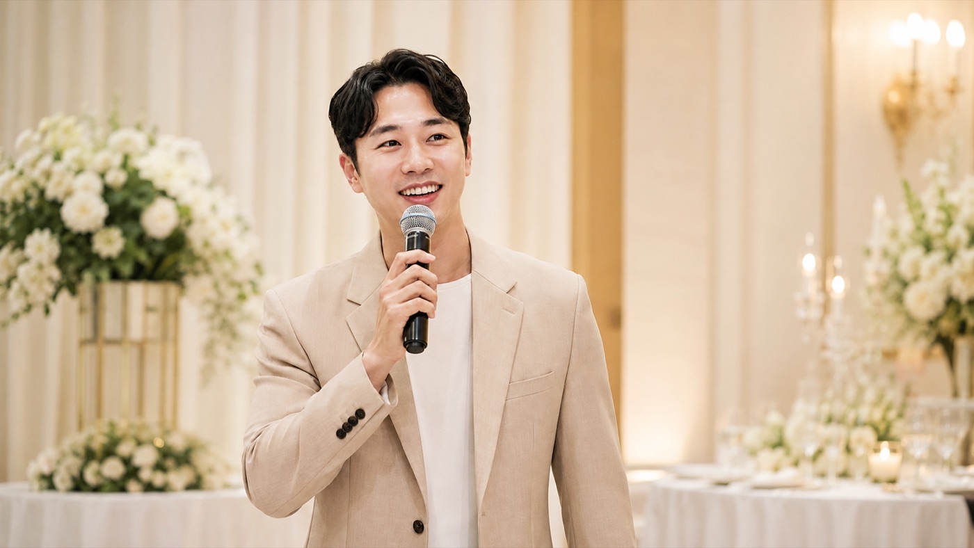 돌잔치장에서 마이크를 들고 웃으며 진행하는 사람