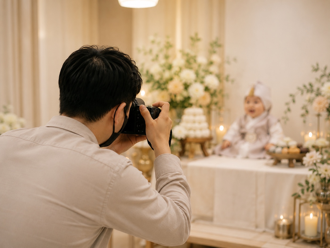 작가가 카메라로 한복 입은 돌아기를 촬영하는 모습
