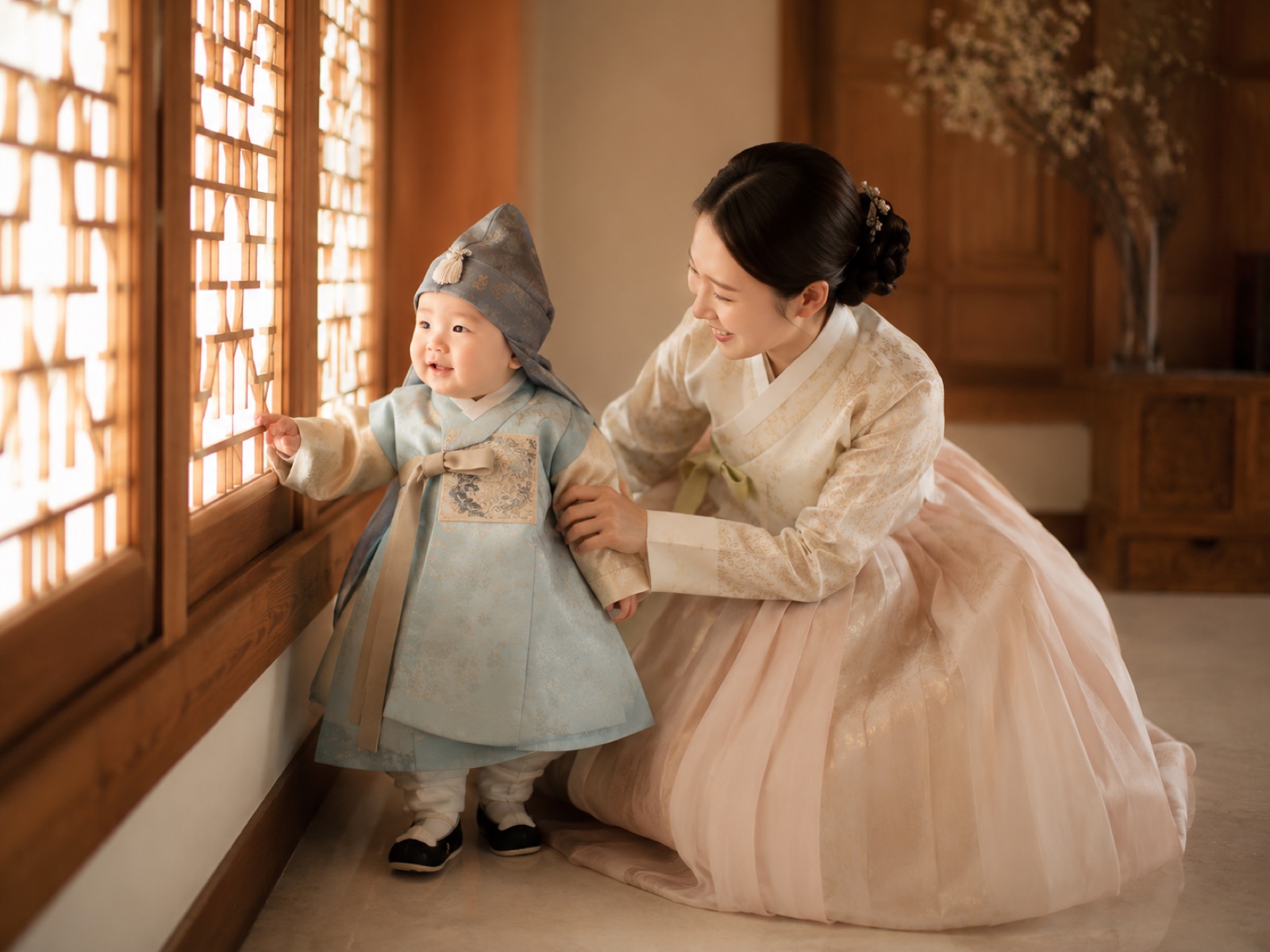 한옥의 자연광 공간에서 한복을 입은 엄마와 돌아기
